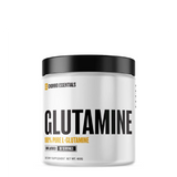 A white plastic container with a black lid labeled 'Condemned Essentials Glutamine' with text indicating 80 servings, net weight 400g.