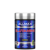 A container of ALLMAX Glutamine Powder, which is a white fine powder, packaged in a blue and silver container.