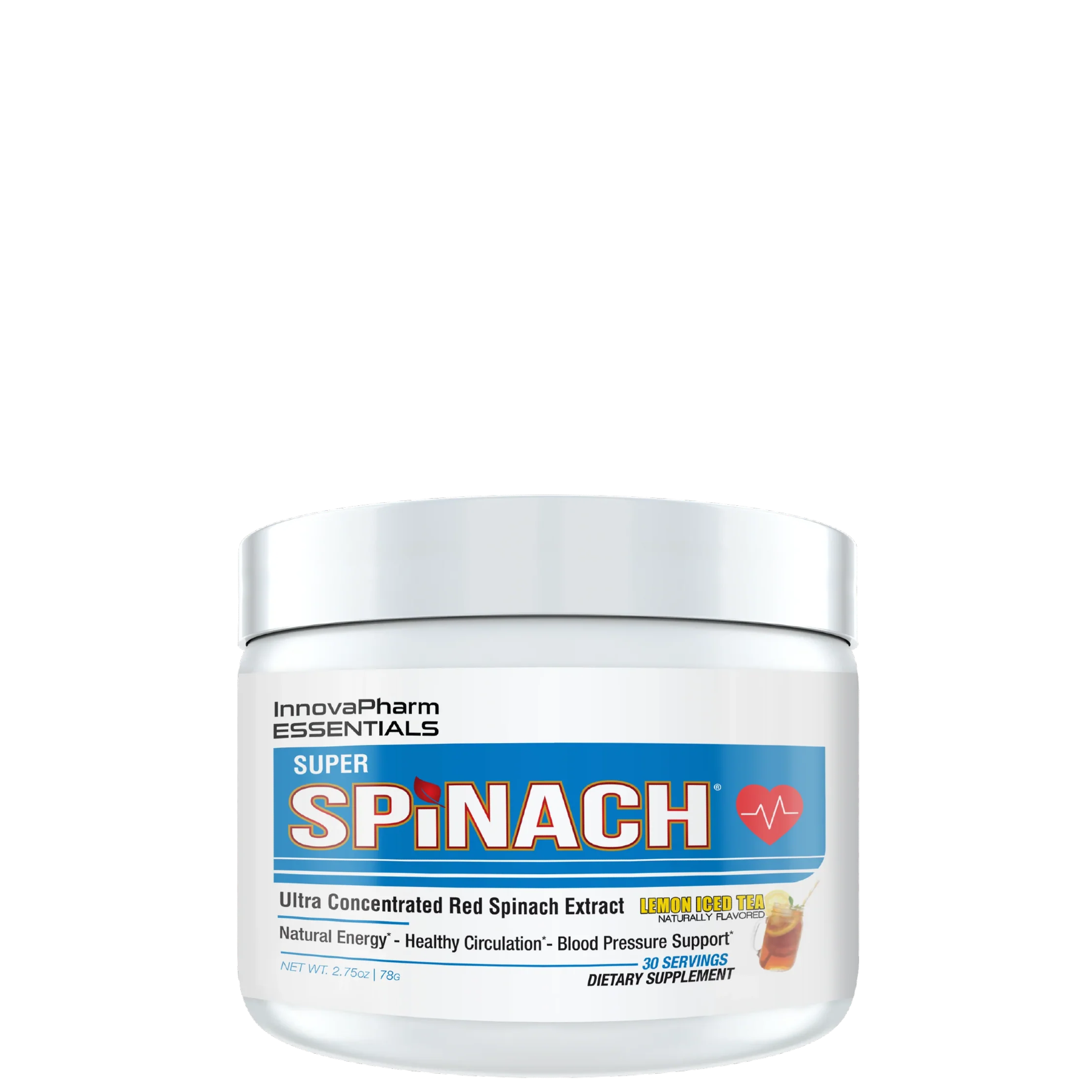 This image features a container of "SUPER SPINACH" by Innovapharm, which is portrayed as a white, cylindrical container with a label that includes vibrant green and red text. The product is described as an ultra-concentrated red spinach extract and promotes various health benefits, including enhancing nitric oxide levels, supporting cardiovascular health, and providing natural energy.