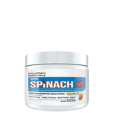 This image features a container of "SUPER SPINACH" by Innovapharm, which is portrayed as a white, cylindrical container with a label that includes vibrant green and red text. The product is described as an ultra-concentrated red spinach extract and promotes various health benefits, including enhancing nitric oxide levels, supporting cardiovascular health, and providing natural energy.