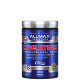 A container of AllMax Creatine Monohydrate Powder, 100g size, with blue and silver color scheme and branding information.