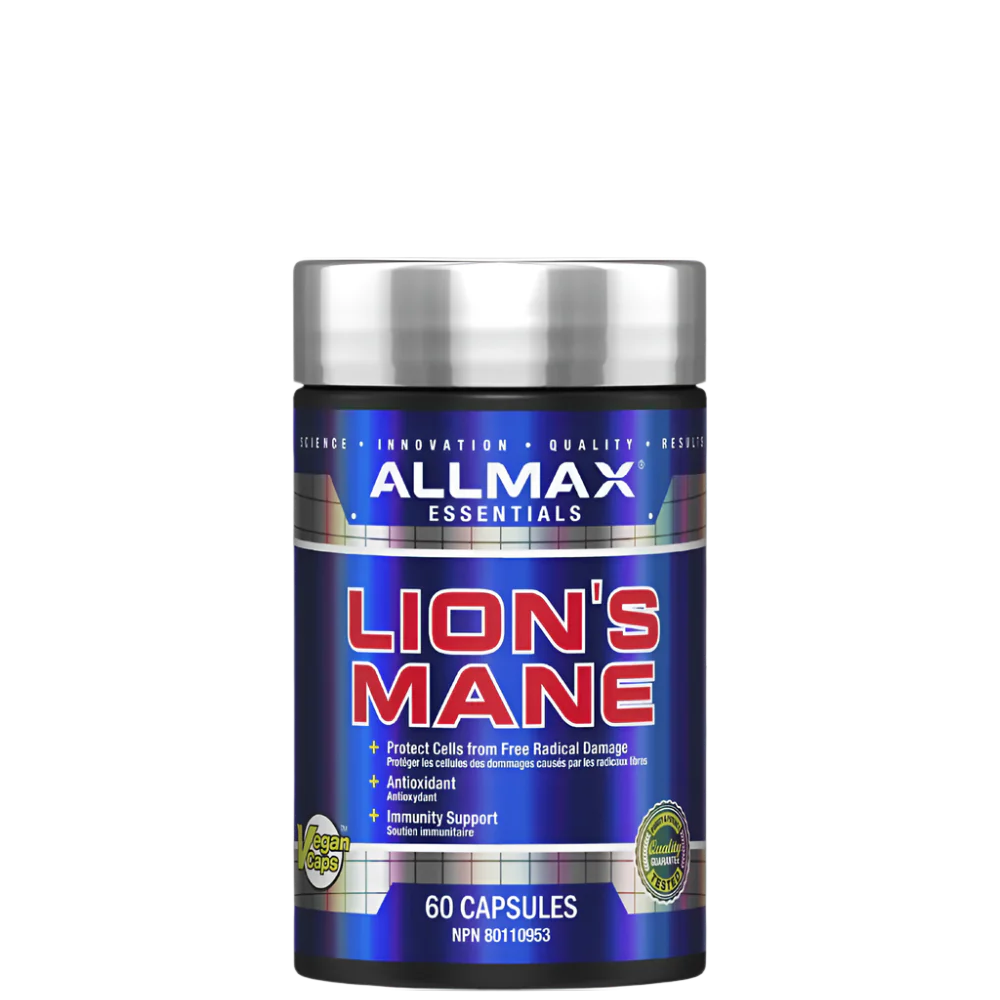 A container of Allmax Essentials Lion's Mane capsules, with blue and red label, 60 capsules, 100% pure extract.
