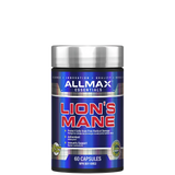 A container of Allmax Essentials Lion's Mane capsules, with blue and red label, 60 capsules, 100% pure extract.