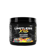 A container of Limitless X16 pre-workout supplement by Magnum with a black and red label, featuring images of fruits and text detailing the product's benefits.