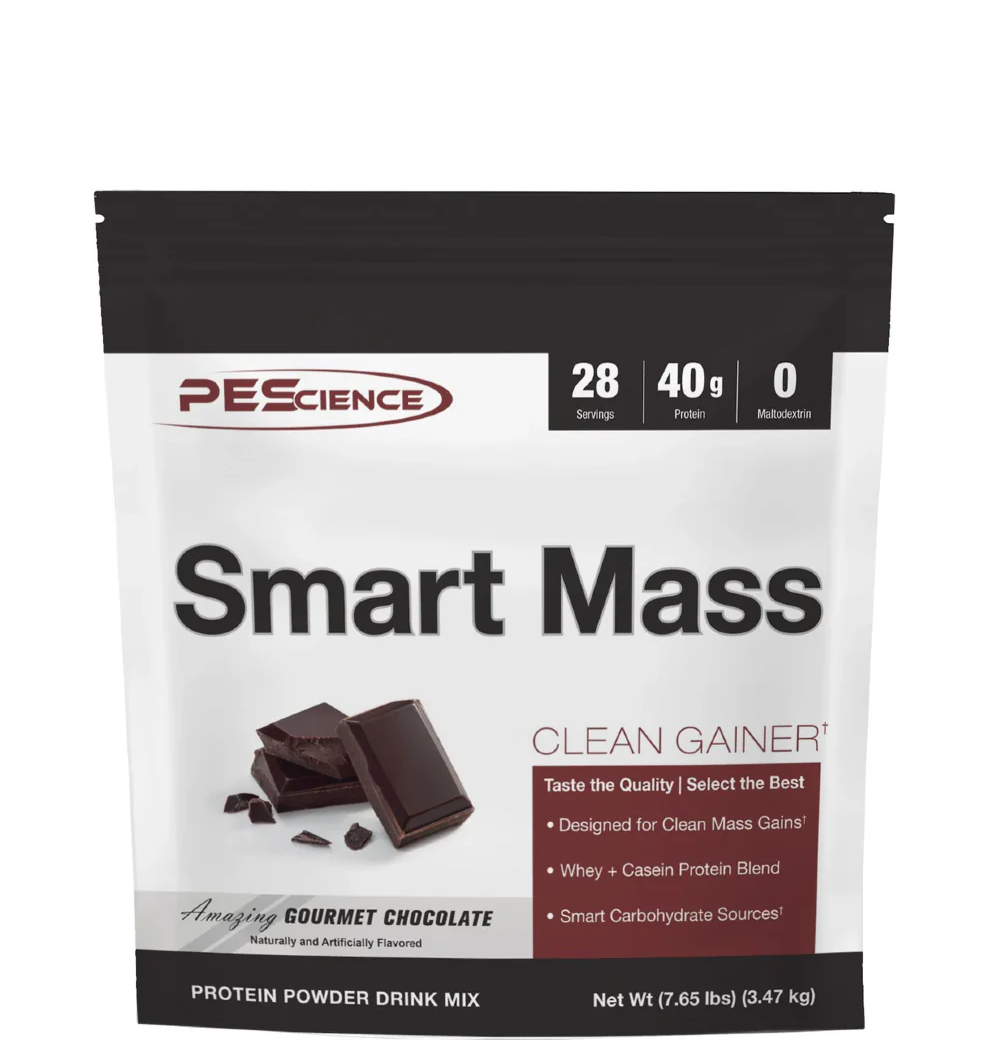 A package of PEScience Smart Mass protein powder in chocolate flavor, highlighting its protein content and zero grams of fat.