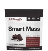 A package of PEScience Smart Mass protein powder in chocolate flavor, highlighting its protein content and zero grams of fat.