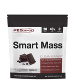 A package of PEScience Smart Mass protein powder in chocolate flavor, highlighting its protein content and zero grams of fat.