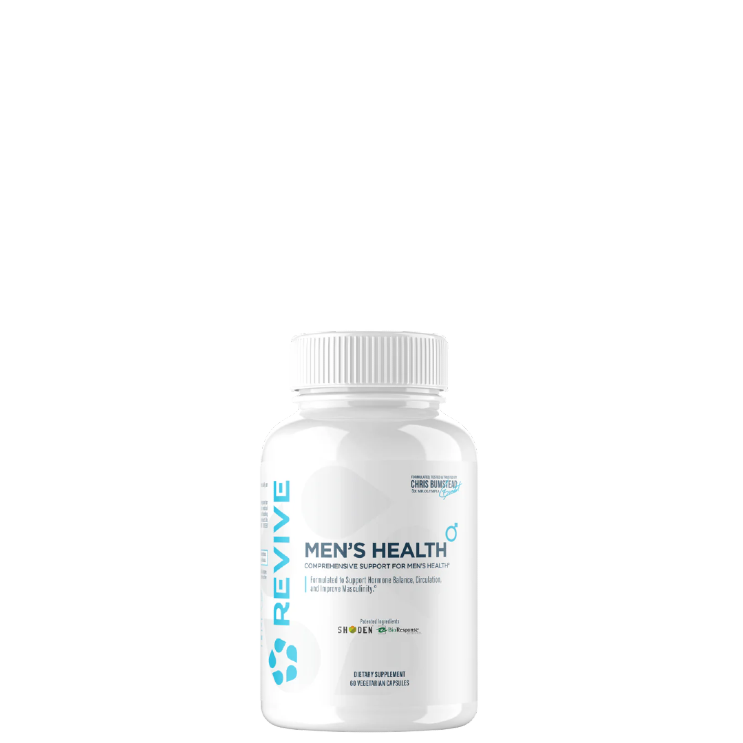 A bottle of Revive Supplements Men's Health multivitamin supplement capsules.