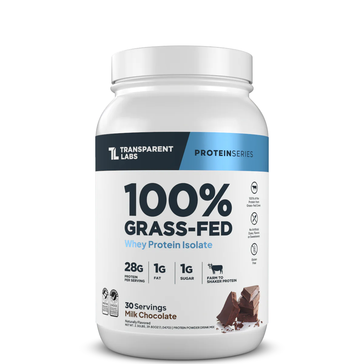 Transparent Labs 100% Grass-Fed protein powder container on a white background
