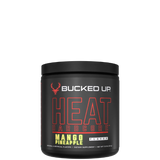 A container of HEAT Hardcore Powder supplement with the brand logo and product name displayed on the front.