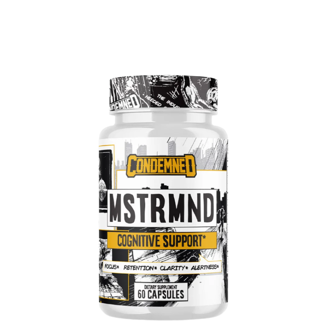 A container of MSTRMND Cognitive Support supplement by Condemned Labz with a graphic design on the label.