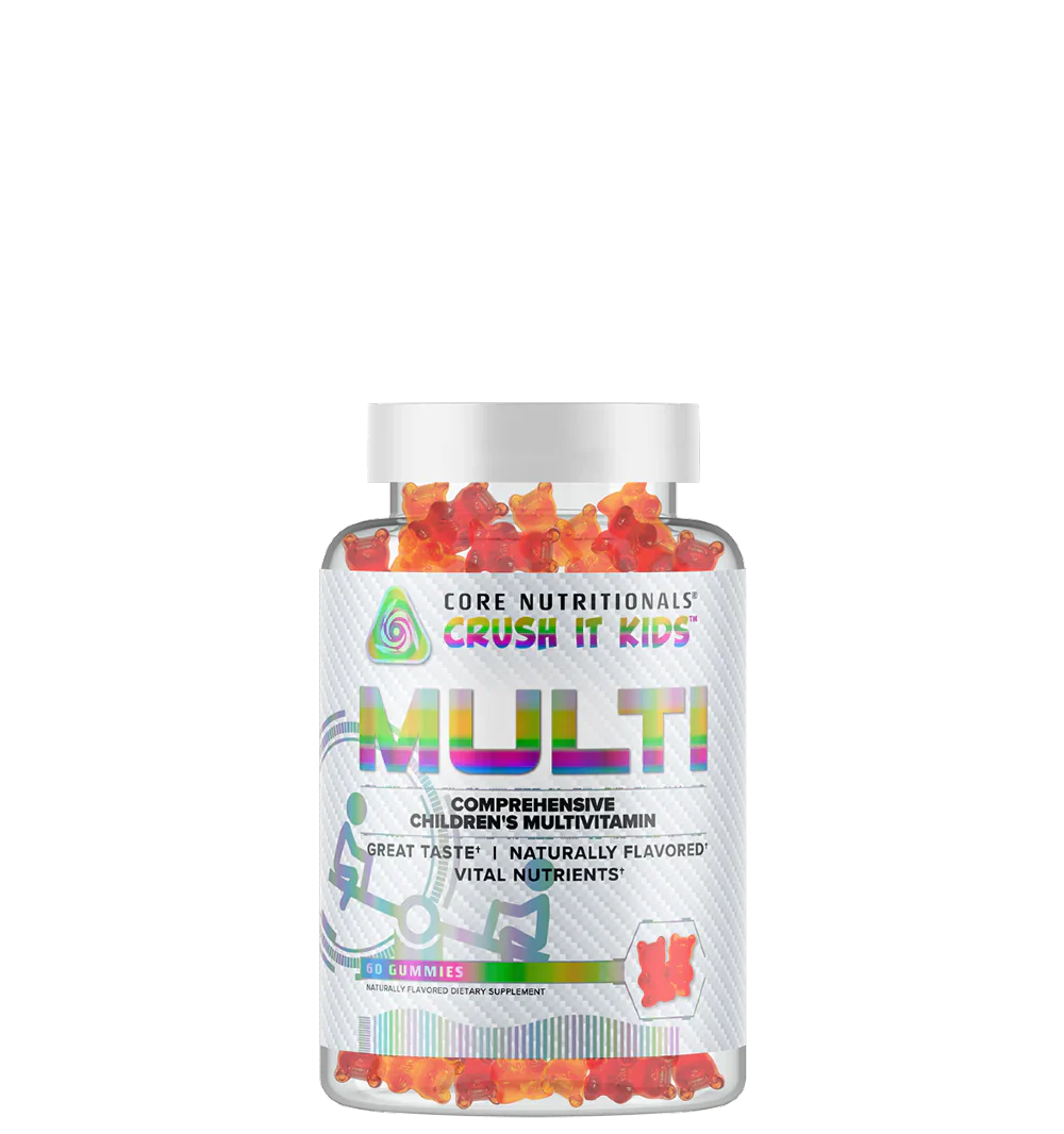 A bottle of Crush It Kids' MULTI™, which is a children's multivitamin supplement with gummy vitamins.