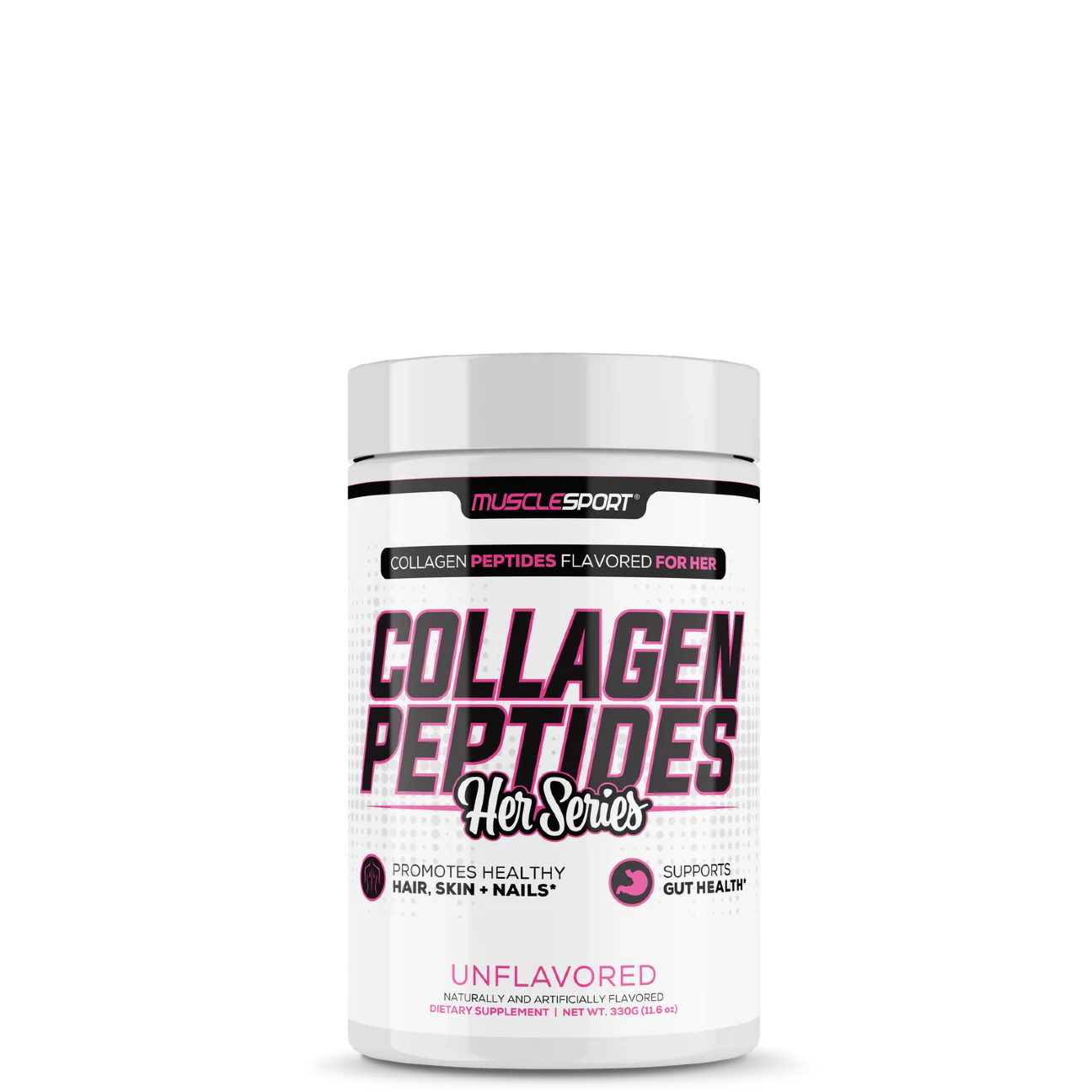 A container of MuscleSport Collagen Peptides, unflavored, with branding and product information on the label.