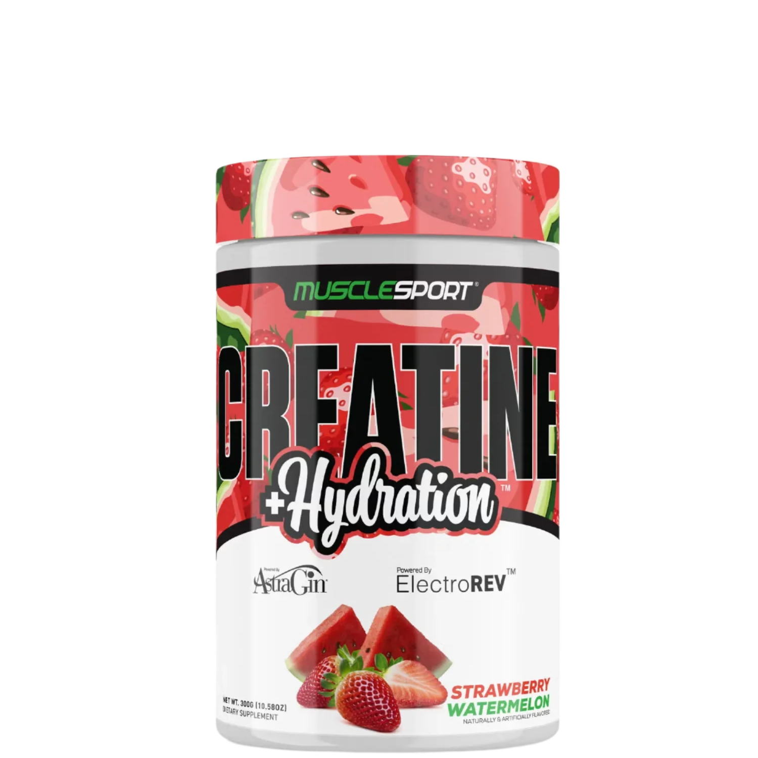 Creatine + Hydration supplement container with watermelon and strawberry design, branded by MuscleSport.