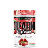 Creatine + Hydration supplement container with watermelon and strawberry design, branded by MuscleSport.
