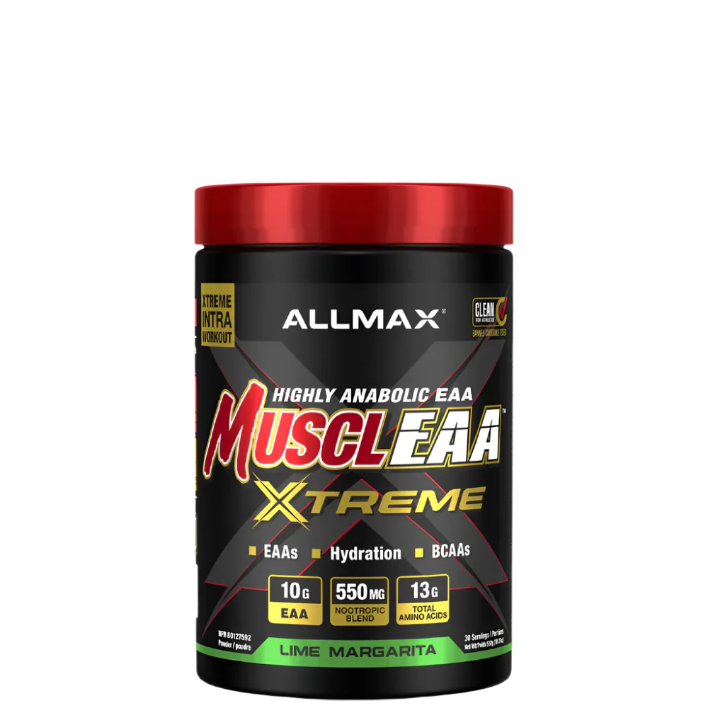 A container of ALLMAX MUSCLEAA XTREME, which is a lime margarita flavored amino acid supplement.