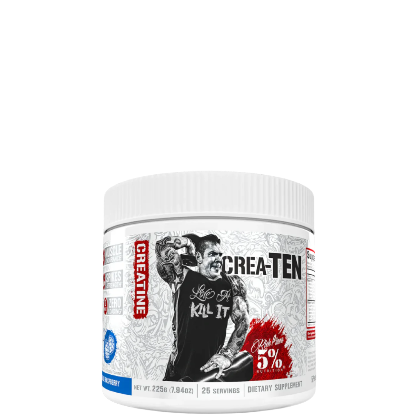A container of Crea-TEN 10-in-1 Creatine supplement with a graphic of a person lifting weights and text detailing the product's benefits.