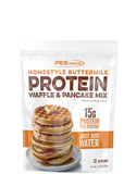 A package of PEScience Dark Chocolate Protein Pancake & Waffle Mix with a picture showing a stack of chocolate pancakes with syrup on top.