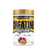 Creatine + Hydration supplement container with watermelon and strawberry design, branded by MuscleSport.