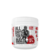 A container of All Day You May Caffeinated BCAA Recovery Drink with a graphic of a person working out and text detailing the product's benefits and ingredients.