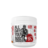 A container of All Day You May Caffeinated BCAA Recovery Drink with a graphic of a person working out and text detailing the product's benefits and ingredients.