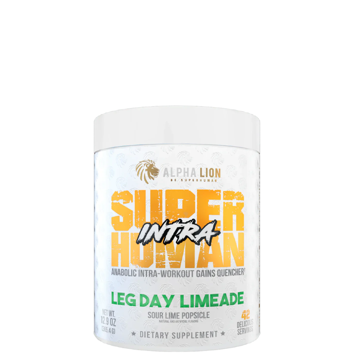 A container of Alpha Lion SuperHuman Intra supplement in Leg Day Limeade flavor, which is a BCAA & EAA supplement intended for workout support.
