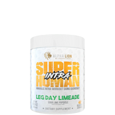 A container of Alpha Lion SuperHuman Intra supplement in Leg Day Limeade flavor, which is a BCAA & EAA supplement intended for workout support.
