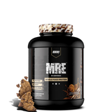 A black plastic container of MRE Whole Food Protein powder with a gold and white label, titled 'MRE WHOLE FOOD PROTEIN' and indicating 25 servings.