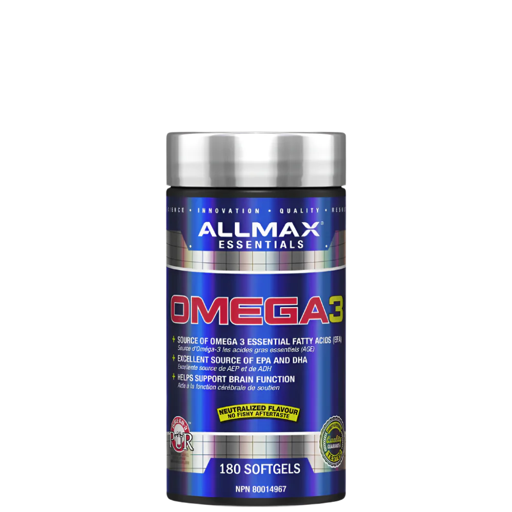 A bottle of OMEGA 3 Fish Oil Concentrate softgels by ALLMAX Essentials.