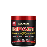 A container of Allmax Impact Igniter Xtreme pre-workout supplement with red and black color scheme and product information.