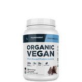 A container of Transparent Labs Organic Vegan Protein powder, which is a white powder packaged in a white jar with blue and green label.