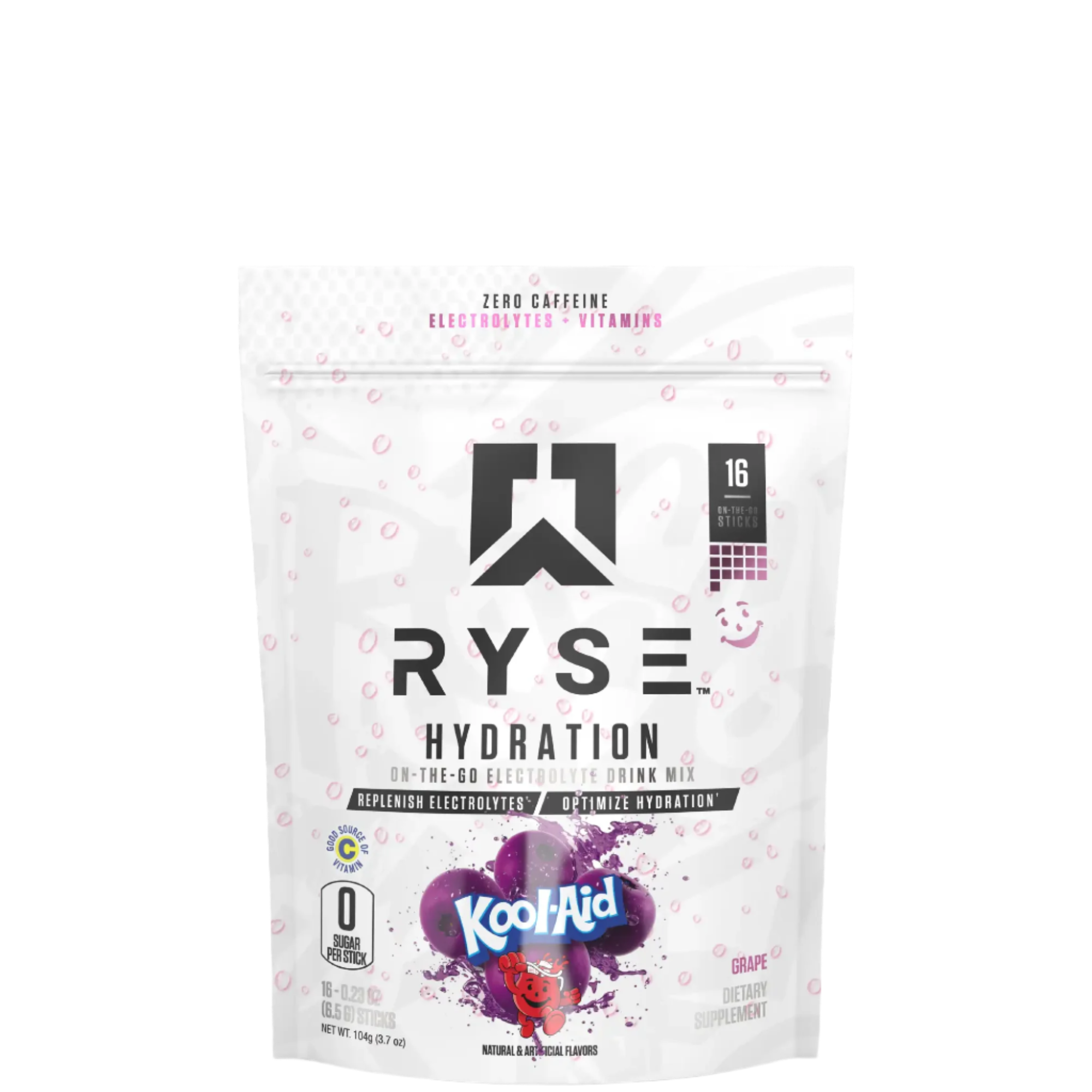 A sealed pouch of RYSE Hydration sticks with a label showing the brand logo, the flavor 'Kool-Aid', and additional product information.
