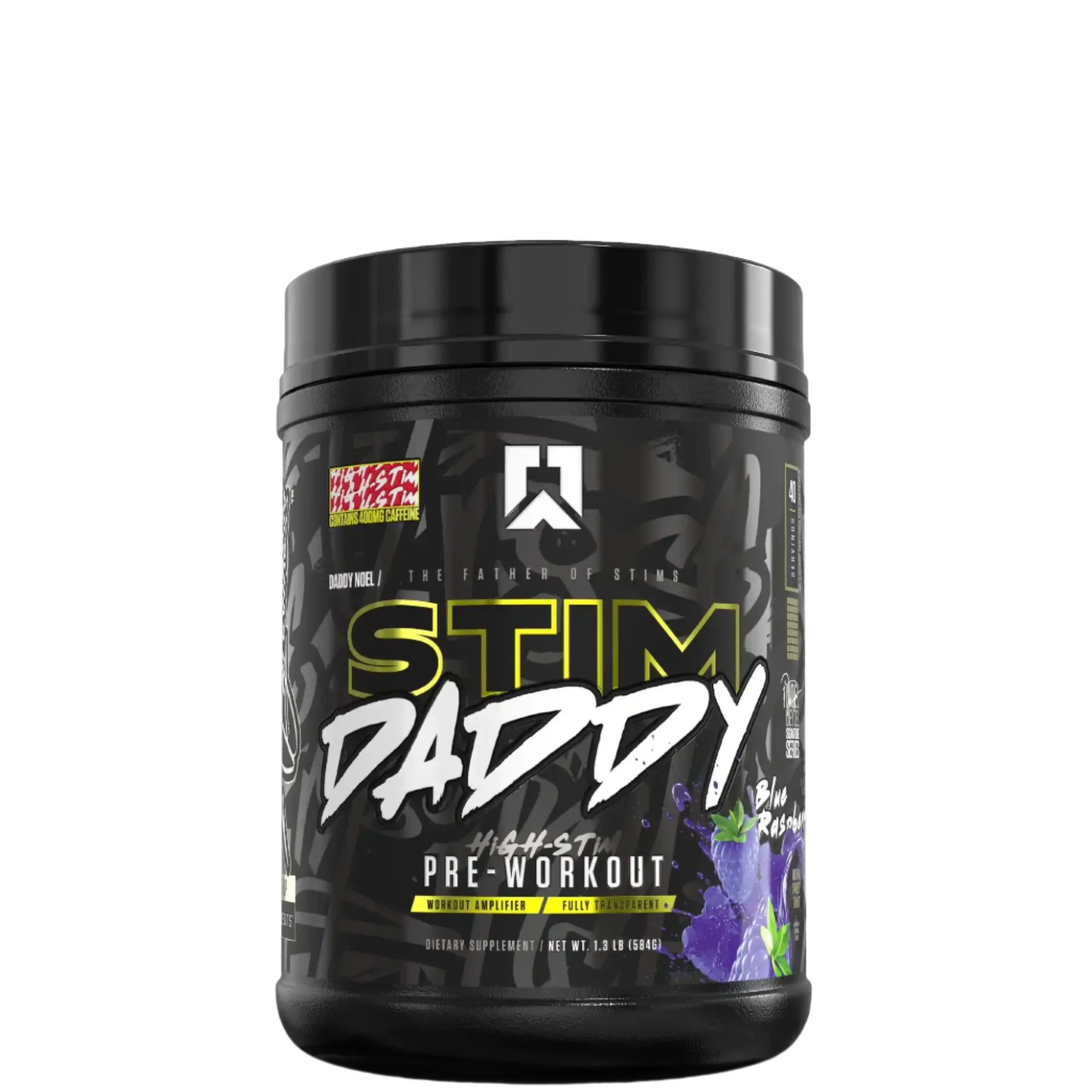 A container of Stim Daddy pre-workout supplement with a predominantly black design featuring yellow and purple accents and text that reads 'High-Stimulant Pre-Workout'.