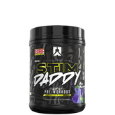 A container of Stim Daddy pre-workout supplement with a predominantly black design featuring yellow and purple accents and text that reads 'High-Stimulant Pre-Workout'.