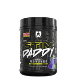 A container of Stim Daddy pre-workout supplement with a predominantly black design featuring yellow and purple accents and text that reads 'High-Stimulant Pre-Workout'.