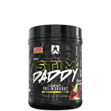A container of Stim Daddy pre-workout supplement with a predominantly black design featuring yellow and purple accents and text that reads 'High-Stimulant Pre-Workout'.