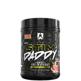 A container of Stim Daddy pre-workout supplement with a predominantly black design featuring yellow and purple accents and text that reads 'High-Stimulant Pre-Workout'.