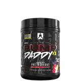 A container of Pump Daddy V2 pre-workout supplement with a colorful label featuring predominantly red and black colors.