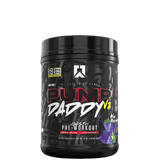 A container of Pump Daddy V2 pre-workout supplement with a colorful label featuring predominantly red and black colors.
