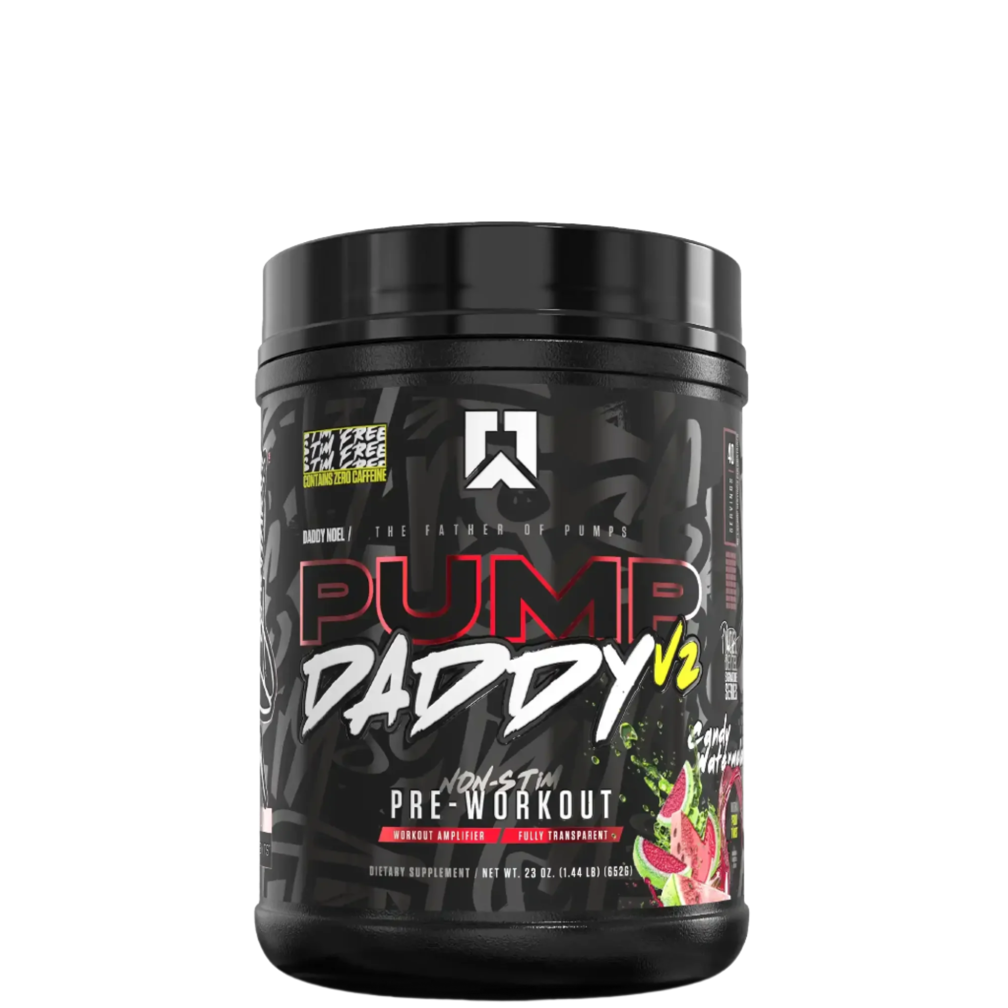 A container of Pump Daddy V2 pre-workout supplement with a colorful label featuring predominantly red and black colors.