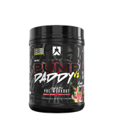 A container of Pump Daddy V2 pre-workout supplement with a colorful label featuring predominantly red and black colors.