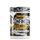 A container of CONFINED EAA + BCAA Regular, with a graphic design that includes text and illustrations related to the product's benefits and contents.