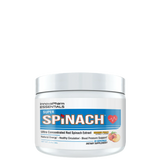 This image features a container of "SUPER SPINACH" by Innovapharm, which is portrayed as a white, cylindrical container with a label that includes vibrant green and red text. The product is described as an ultra-concentrated red spinach extract and promotes various health benefits, including enhancing nitric oxide levels, supporting cardiovascular health, and providing natural energy.
