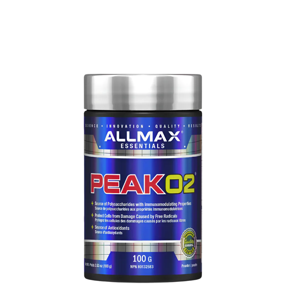 A container of ALLMAX PeakO2, organic-certified adaptogenic mushrooms supplement, with branding and product information on the label.