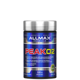 A container of ALLMAX PeakO2, organic-certified adaptogenic mushrooms supplement, with branding and product information on the label.
