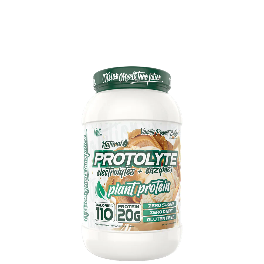 A container of ProtoLyte Plant Based Protein powder with the label visible, indicating it is a natural protein supplement with electrolytes and enzymes, zero sugar and dairy, gluten free.