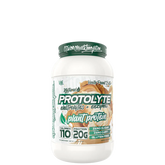 A container of ProtoLyte Plant Based Protein powder with the label visible, indicating it is a natural protein supplement with electrolytes and enzymes, zero sugar and dairy, gluten free.