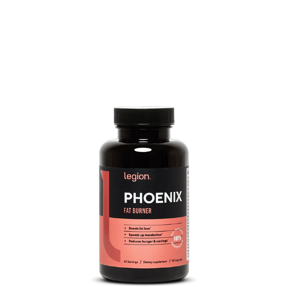 A bottle of Phoenix Fat Burner supplement by Legion Athletics, designed for weight loss and energy support.