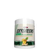 A container of OxyGreens Daily Super Greens Powder with a label showing the product name and images of green vegetables and fruits, indicating it is a healthy wellness supplement.