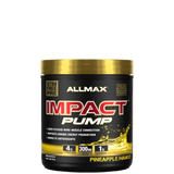 A container of Allmax Impact Pump pre-workout supplement in blue raspberry flavor.